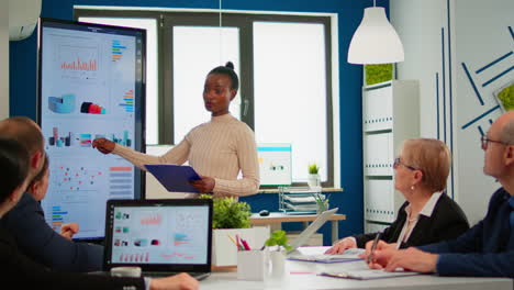 Black-woman-worker-explaning-company-statistics-in-front-of-colleagues