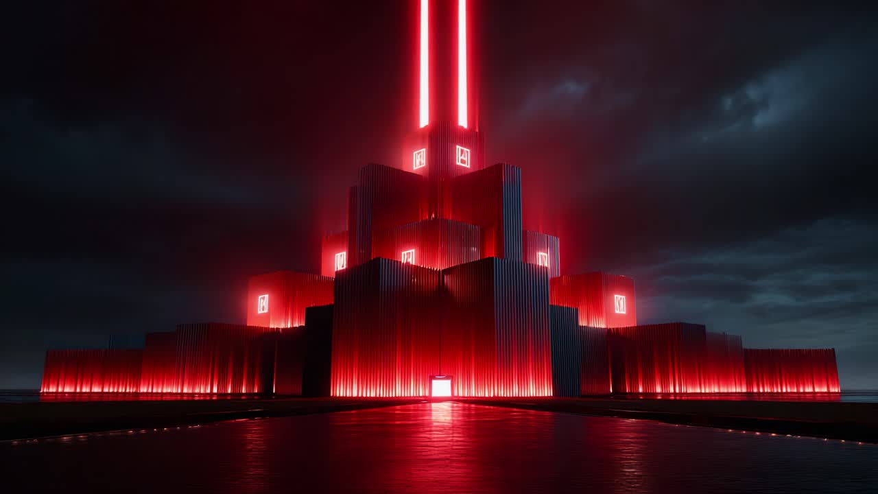 A towering, ominous structure illuminated in striking red against a dark sky, surrounded by reflective waters, creating a visually captivating scene of contrasting light and shadow