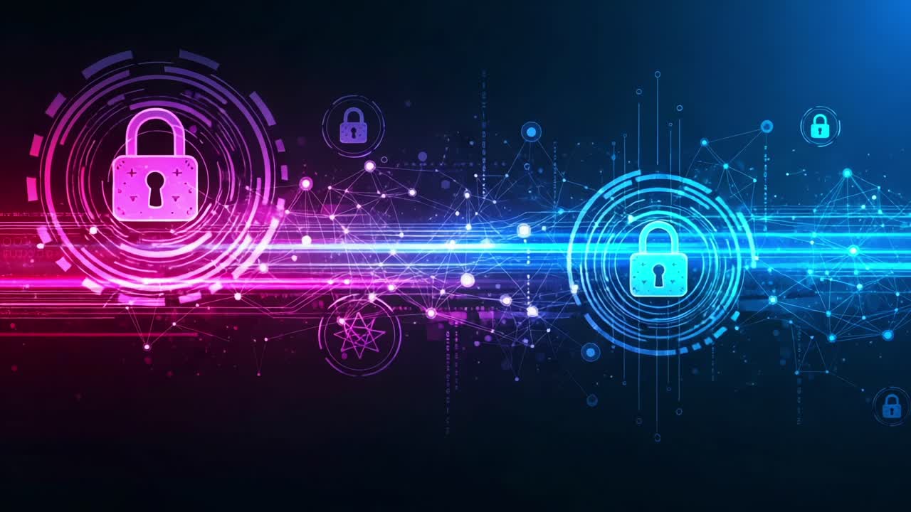 Visualization of Digital Security: A Modern Representation of Lock and Key Symbols Intersecting with Abstract Data Patterns and Networks in Vibrant Colors