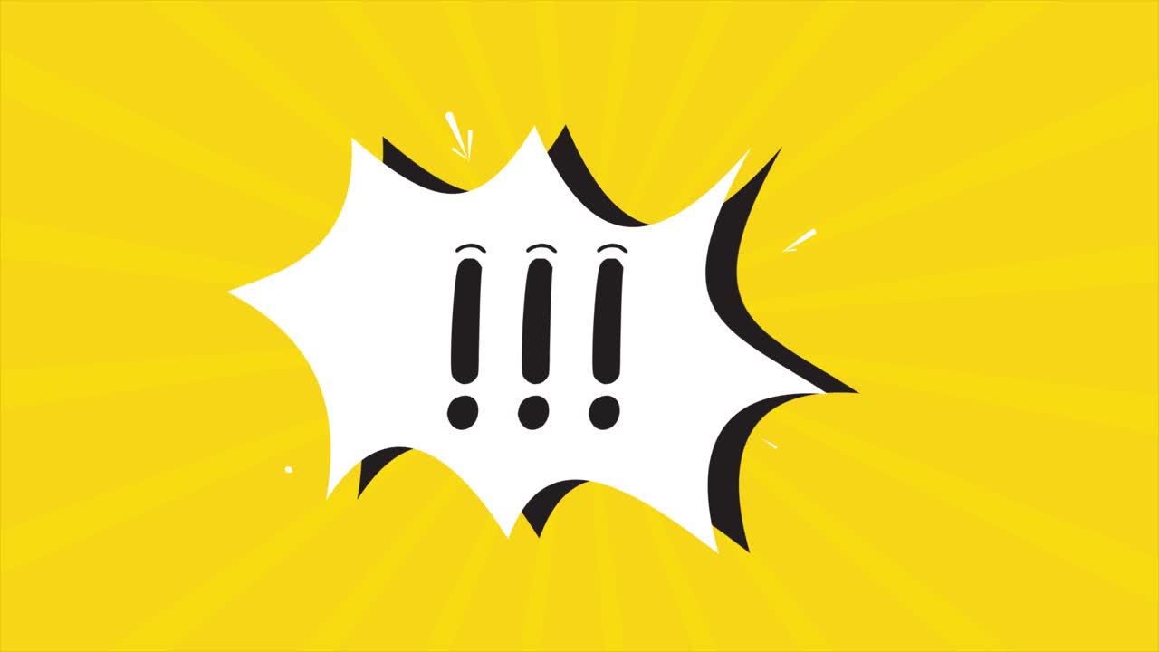 A comic strip cartoon animation, with the word exclamation mark appearing. Yellow and halftone background, star shape effect