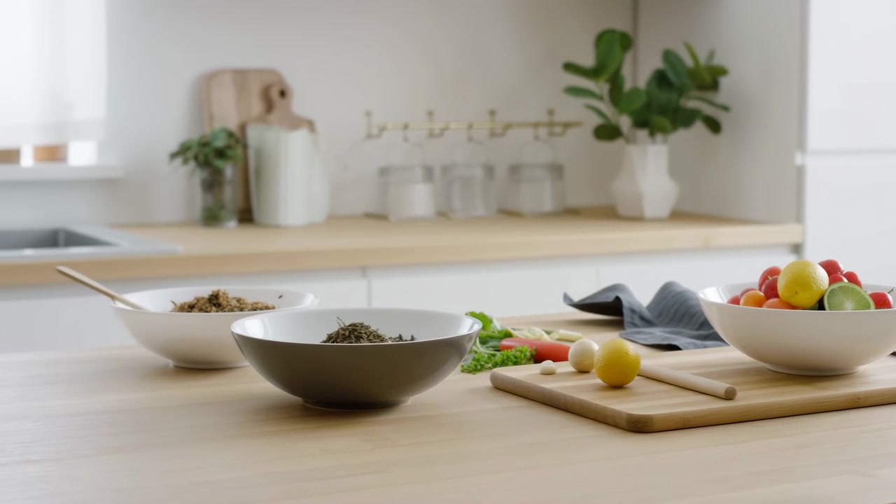 Preparazione in cucina a metà sequenza che mostra una ciotola di frutta sul bancone con tagliere e utensili che suggeriscono.