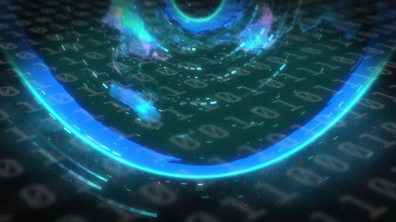 검은 바탕에 있는 세계 지도 위의 데이터 처리 애니메이션