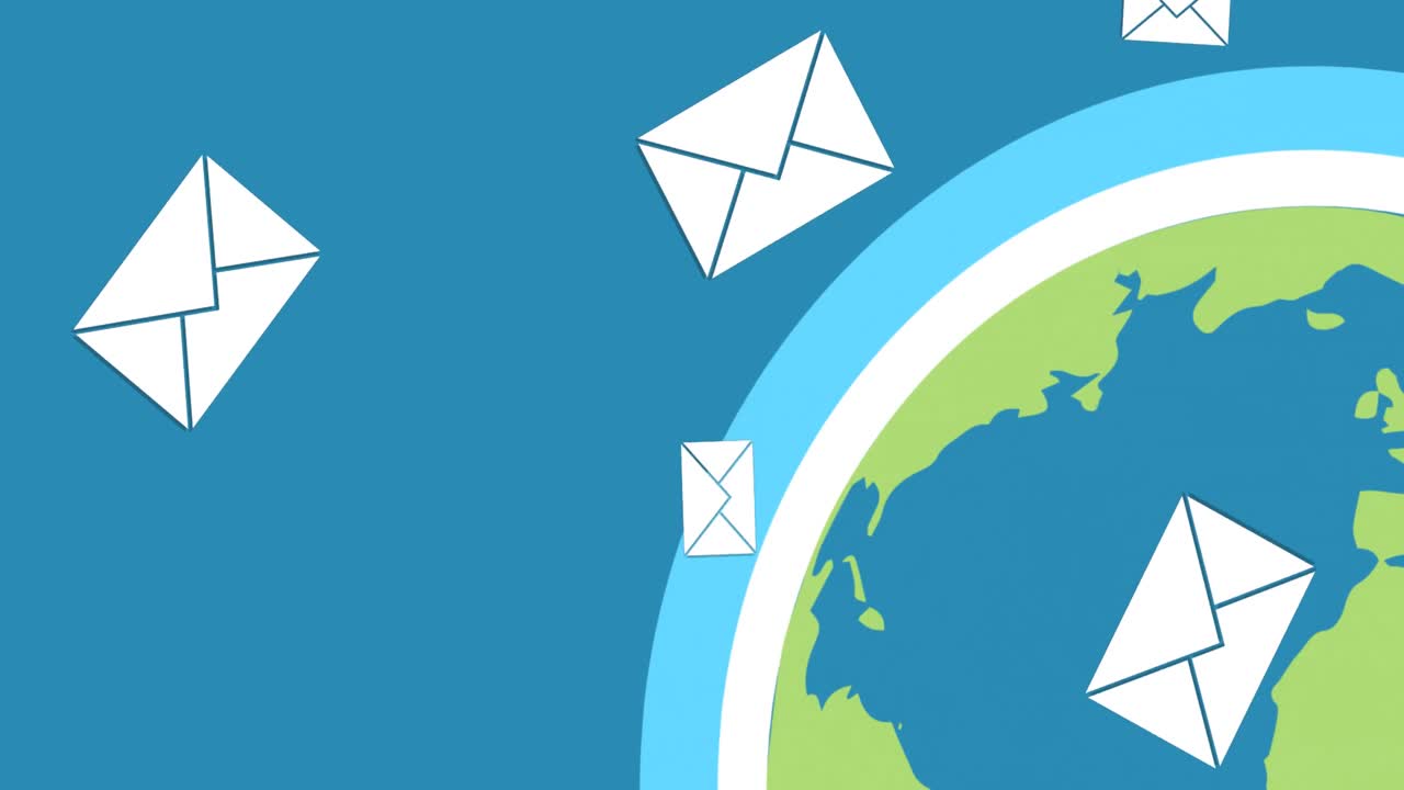 파란색 배경에 전 세계를 떠다니는 이메일의 애니메이션