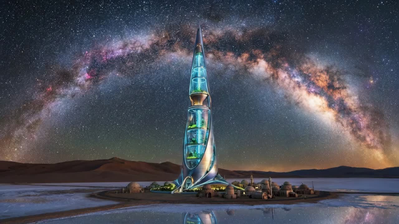 Il grattacielo futuristico nel paesaggio del deserto