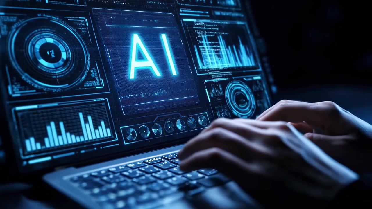 Hands Typing on Laptop with Futuristic AI Interface Displayed