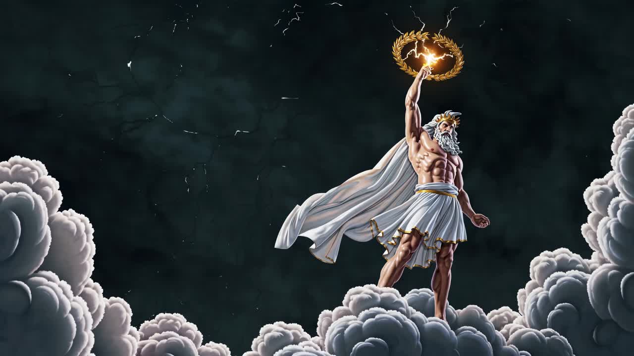 Epic illustration of a god-like figure with lightning, viewed from a low angle, evoking a dramatic