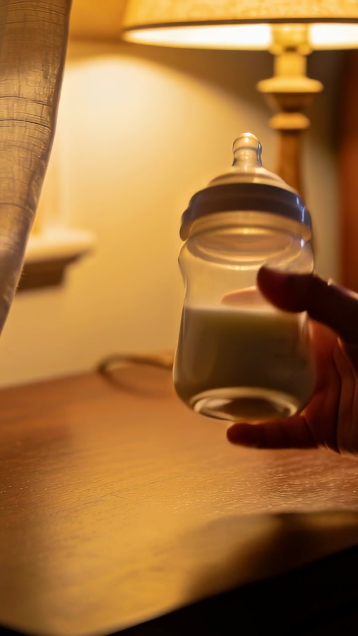 Vertical video: Entering right hand grasping baby bottle on nightstand, checking nipple for feeding