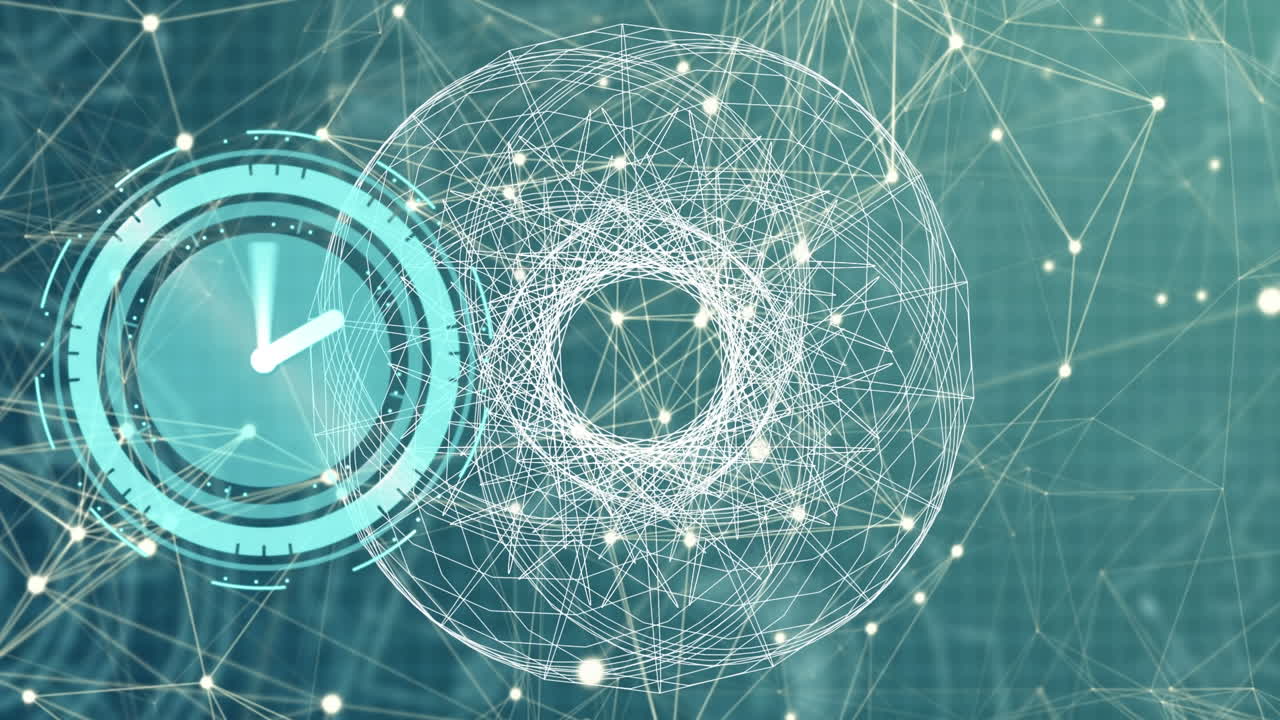 녹색 배경에 움직이는 시계와 기하학적 모양의 애니메이션과 별자리