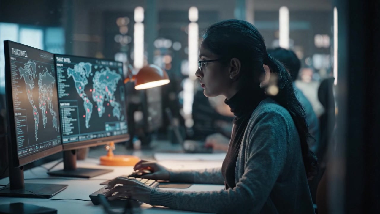 Focused individual analyzing complex data on multiple monitors in a modern office environment, emphasizing technology use for strategic decision-making.
