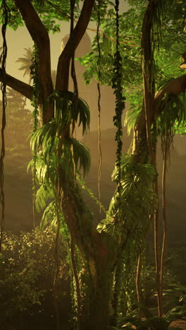 a lush tropical jungle with dense foliage, vines, and sunlight filtering through the trees