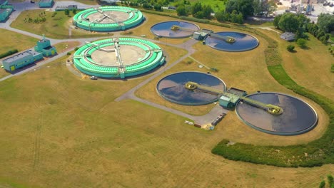 aerial view of modern water cleaning facility at urban wastewater treatment plant