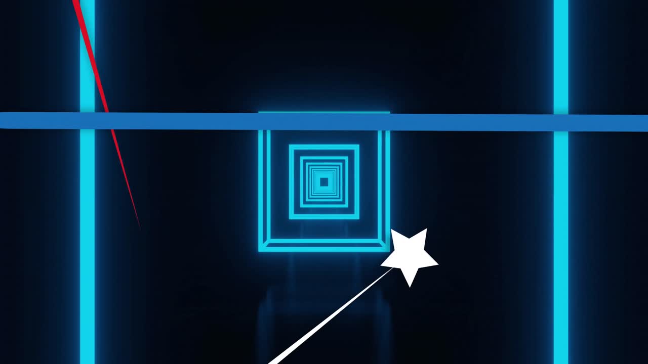 Animation of star shape with blue, white and red stripes moving over illuminated square tunnel