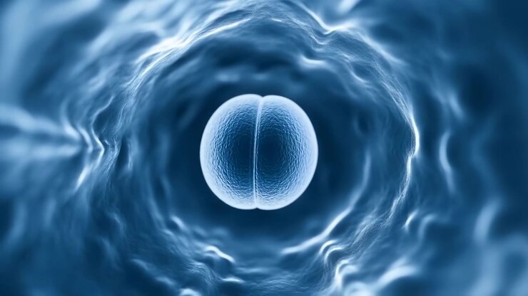 Una singola sfera arrotondata si trova all'interno di forme blu fluide, creando una scena microscopica astratta con riflessi freddi, profondità morbida, curve organiche, uno stile medico pulito e una sensazione di ricerca futuristica.