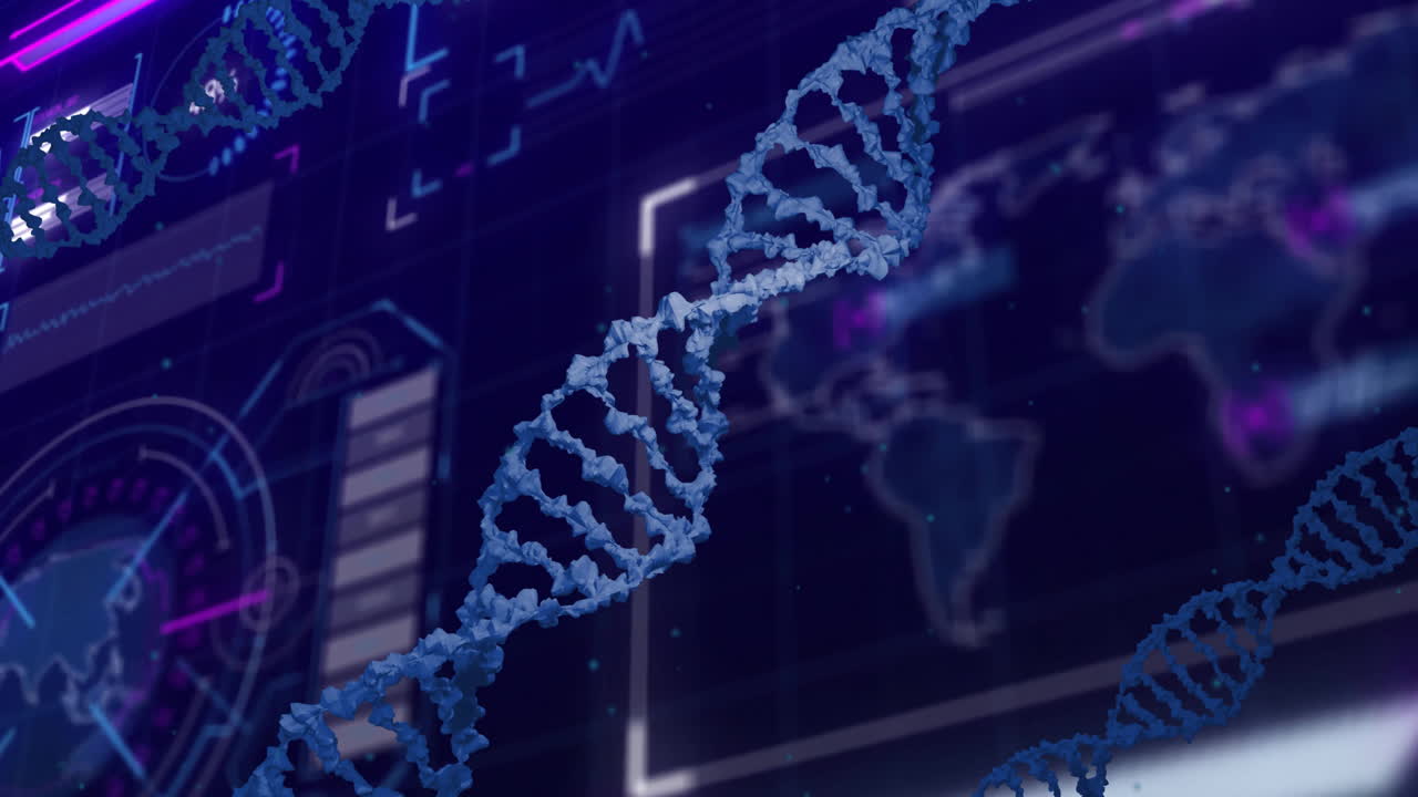 DNA strand with binary coding, processing scientific data in animation style