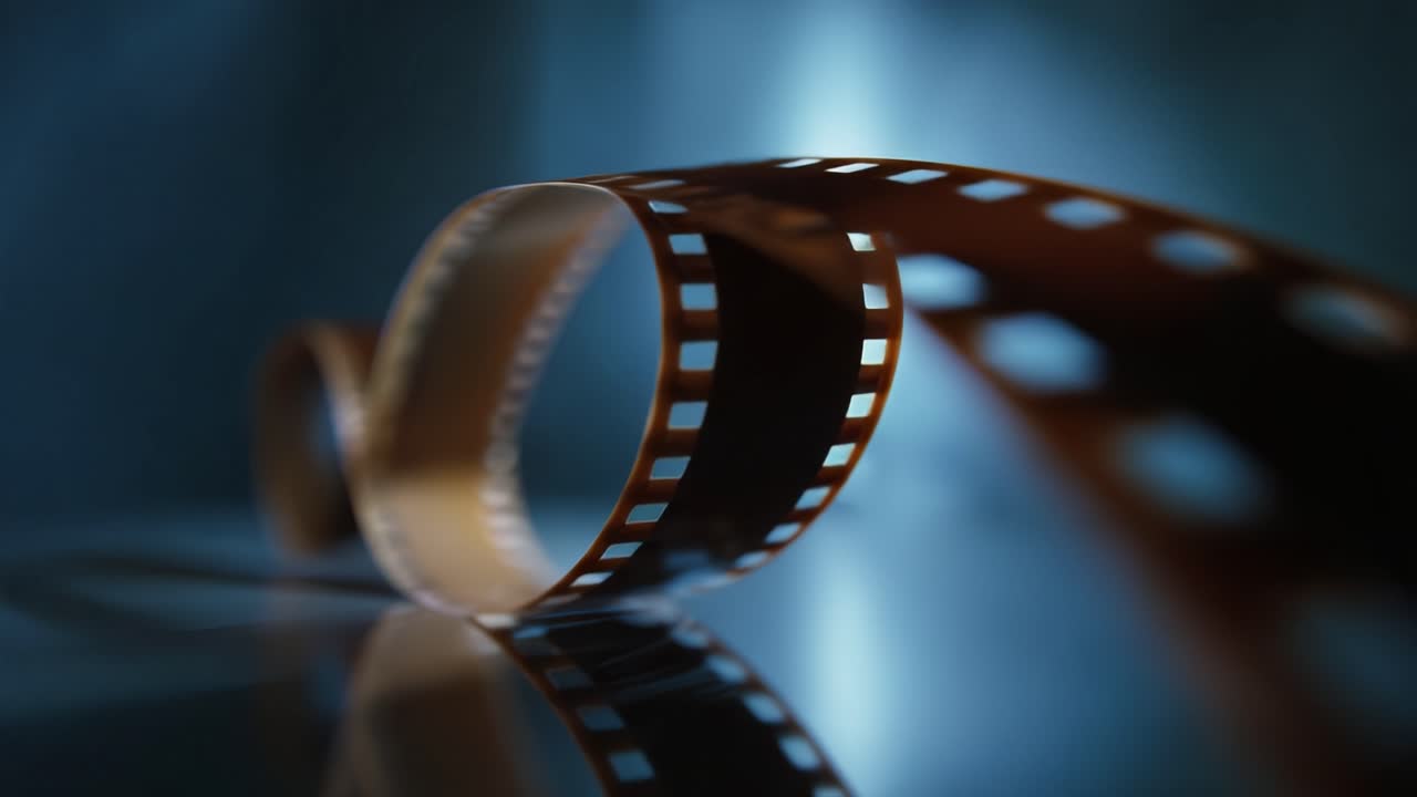 Close-up cativante de um carretel de filme de 35 mm torcido contra um plano de fundo azul suave, destacando a beleza da nostalgia cinematográfica na narrativa visual moderna