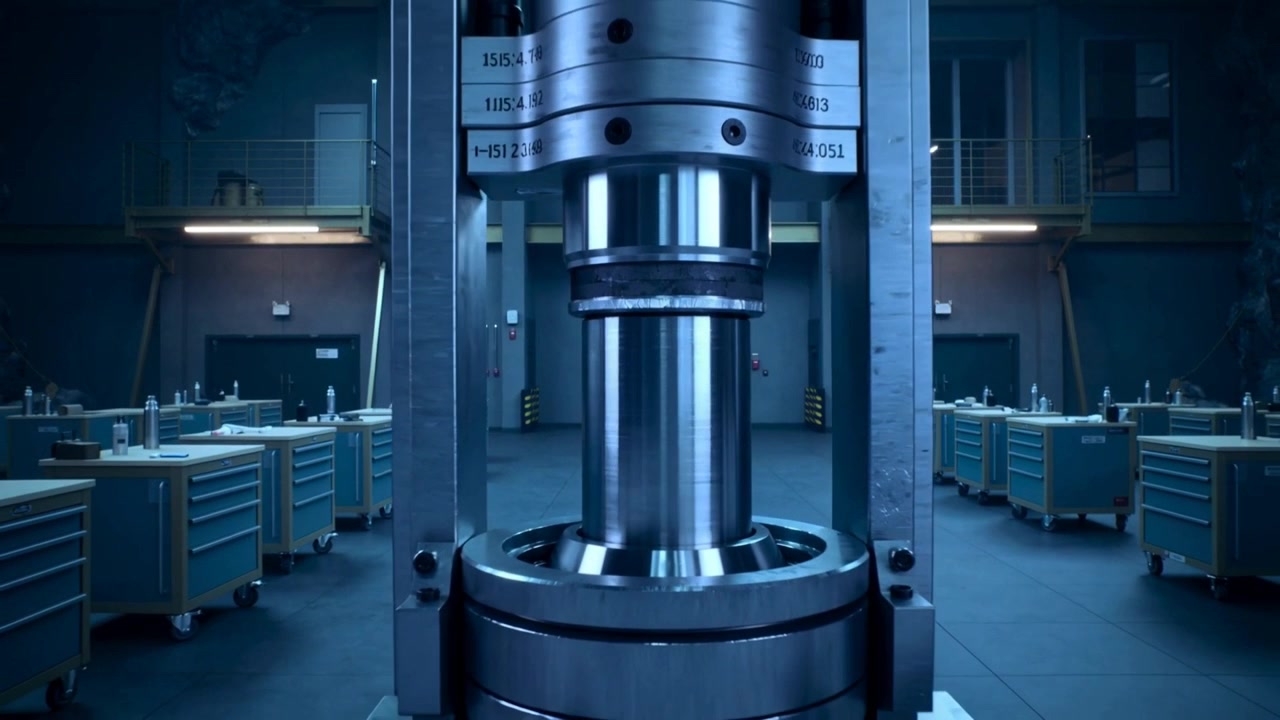 Lowering hydraulic press after control lever engaging, compressing bearing for forming in shop