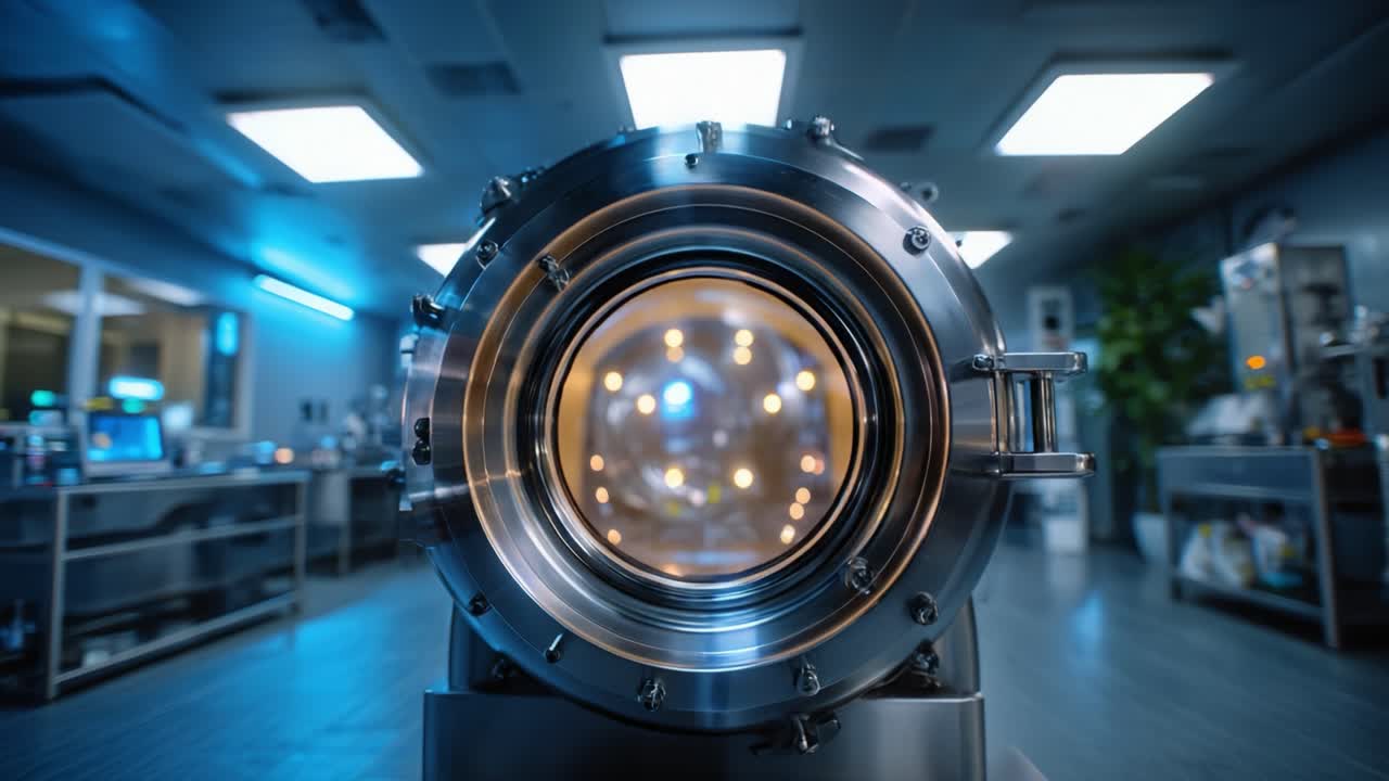 Close-up View of a Modern Laboratory Vacuum Chamber with a Polished Metal Finish and Bright Interior Lights, Featuring Intricate Components and Machinery
