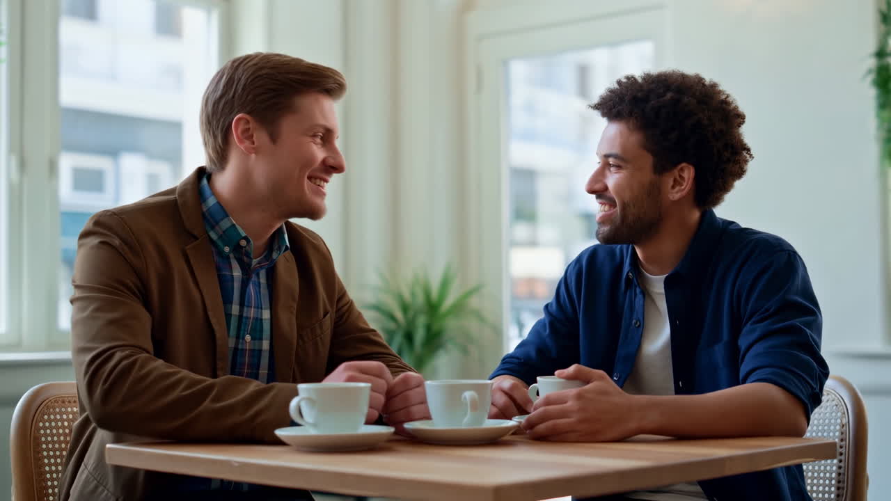 Two Happy Men Talking and Drinking Coffee in a Cafe