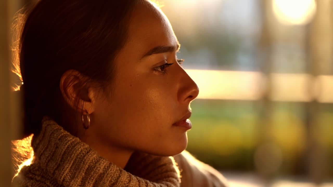 Thoughtful Young Woman Looking Away in Golden Sunlight