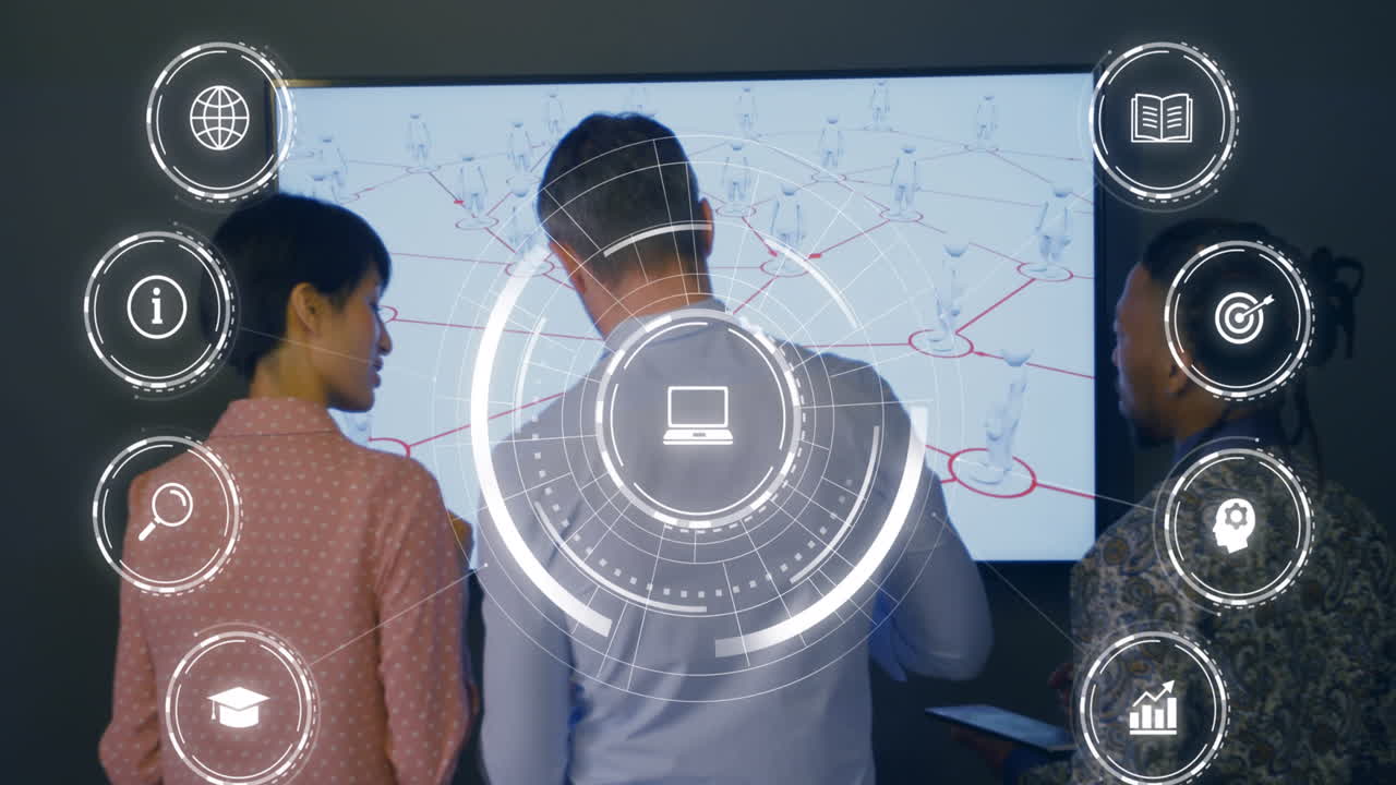 animación de iconos de negocios sobre diversas personas de negocios discutiendo el trabajo en la oficina.