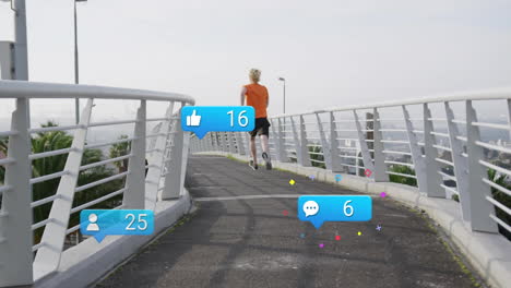 running on bridge, social media notifications animation with likes, comments, and followers