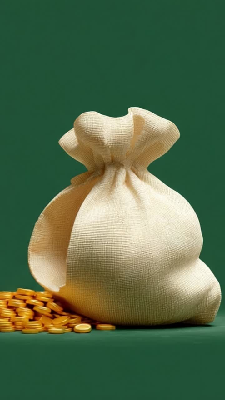 Eine visuell fesselnde Szene eines Jutesacks, aus dem Goldmünzen quellen, vor einem satten grünen Hintergrund, die Reichtum, Wohlstand und Überfluss in einer eindrucksvollen Darstellung symbolisiert.