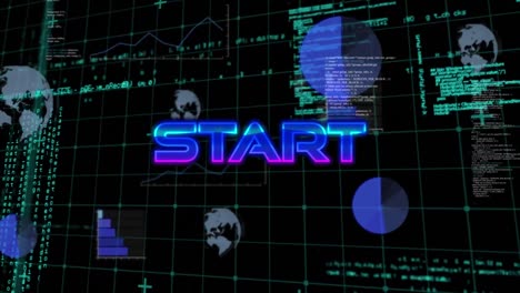 animation of illuminated start text over computer language, globes, graphs on grid