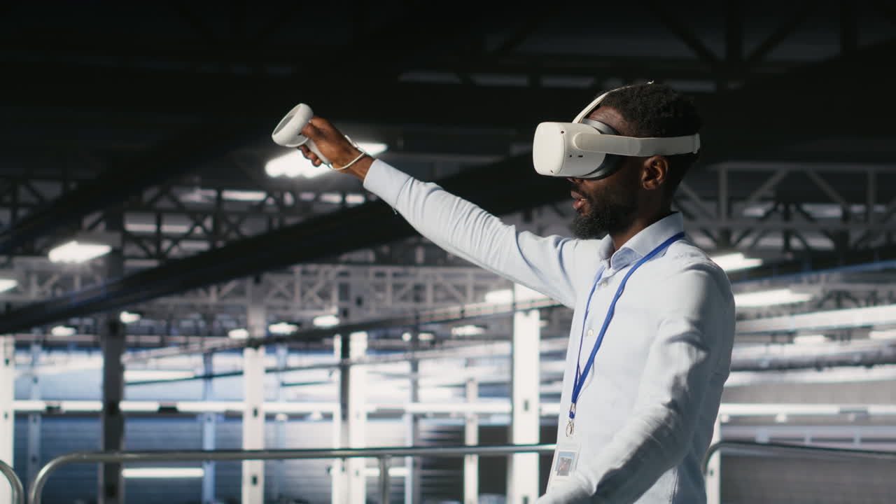 Engineer using VR headset in data center to update server tech