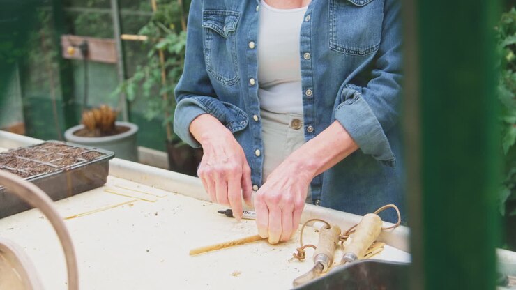 Mature Woman Writing Plant Labels Gardening In Greenhouse At Home