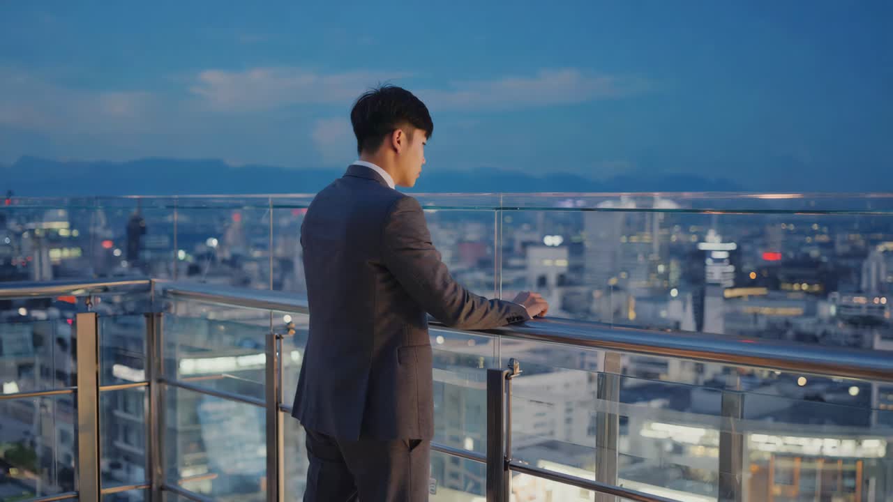 Businessman on Rooftop at Night Overlooking City