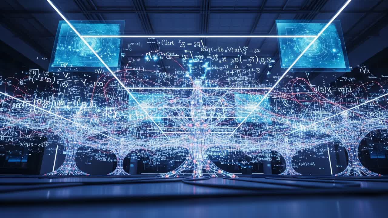 A Stunning Visualization of a Data Tree, Representing Complex Mathematical Formulas and Structures Amidst a Futuristic Digital Environment