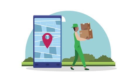 logistic service animation with worker lifting boxes and smartphone