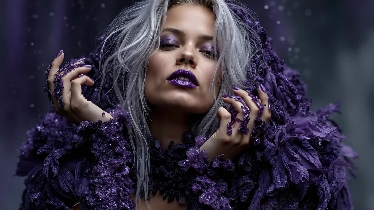 A woman in a purple dress with purple nails and purple makeup