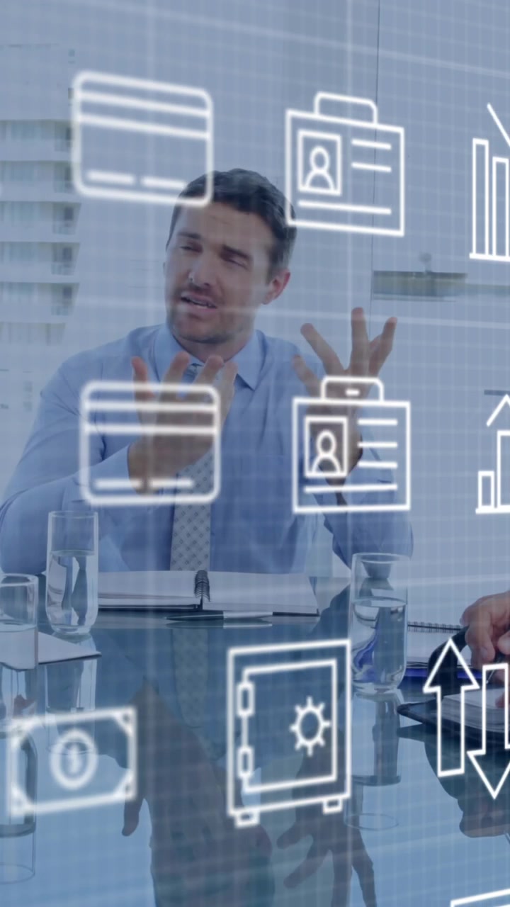 Animazione di icone e elaborazione di dati finanziari su diverse persone d'affari in ufficio