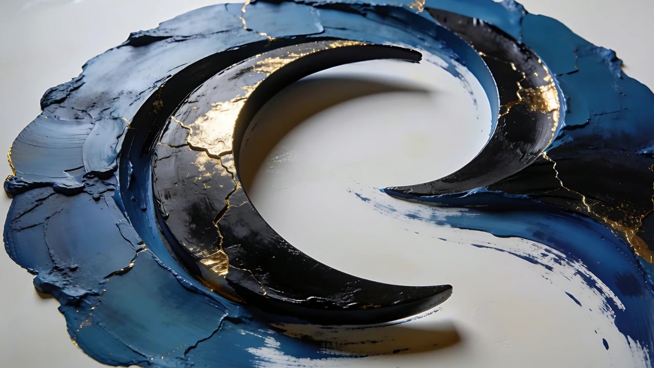 Panning camera revealing spiral on white table, black crescents, cracked blue paint, gold accents