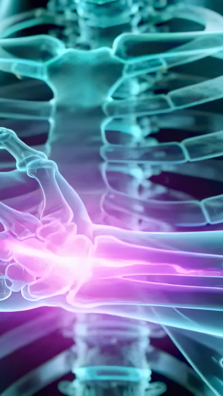 Vertical video: Emerging magenta pulse at wrist, cyan bones pulsing to highlight carpals in studio