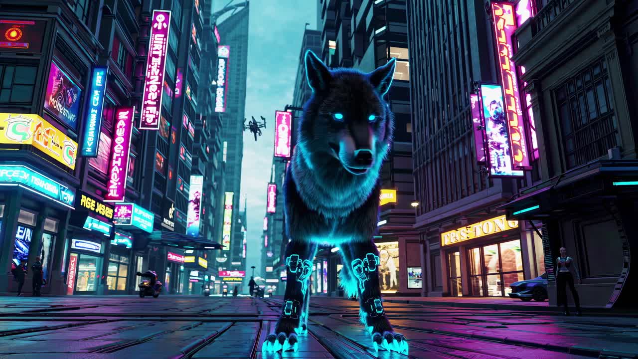 lobo cyberpunk en la ciudad de neón