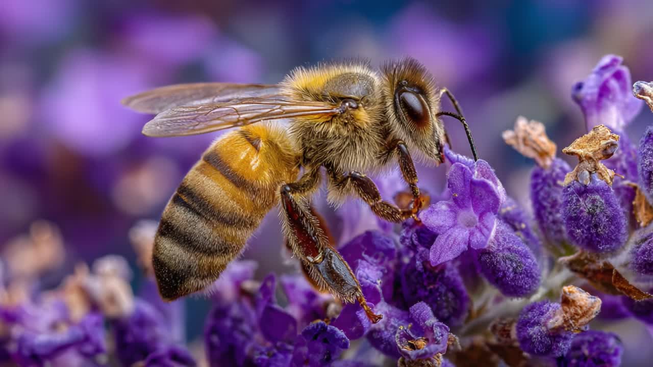 A Close-Up Look at a Honeybee Pollinating Vibrant Purple Flowers, Showcasing the Intricate Features of This Essential Insect in Nature's Ecosystem