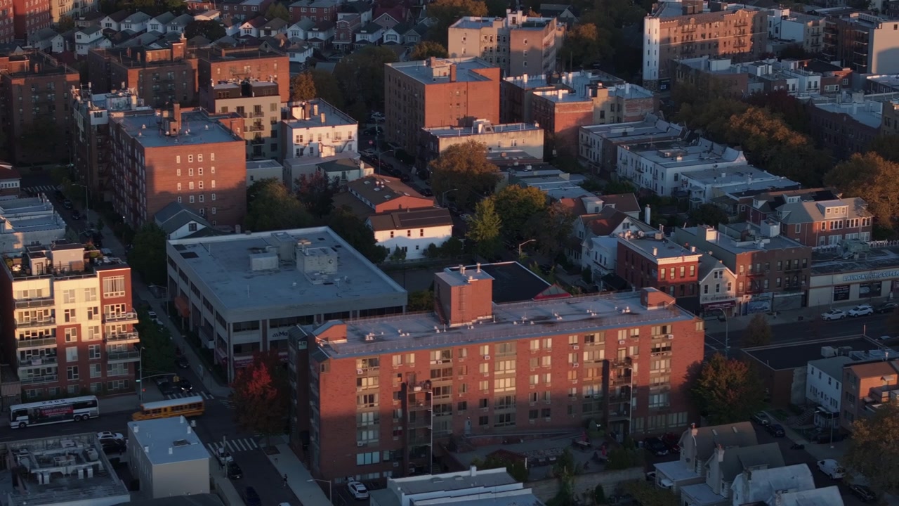Aerial view of residential buildings in Bay Ridge, Brooklyn. Shot on an autumn morning in New York City.