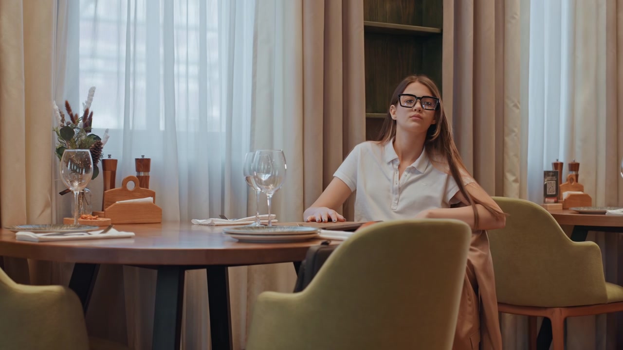 Woman adjusting glasses at table, thoughtful and poised preparing for meeting, checking smartphone, modern cafe interior with glassware, soft curtains, neutral palette and quiet anticipation