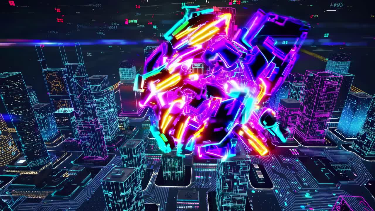 Futuristic digital cityscape with neon lights. Virtual city with glowing skyscrapers. High-tech city