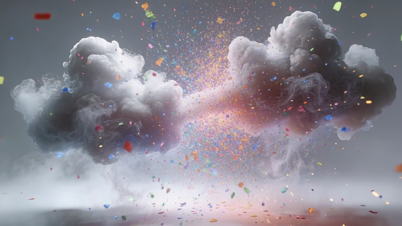 Two big gray clouds approaching inner glow igniting burst spraying bits settling showing collision