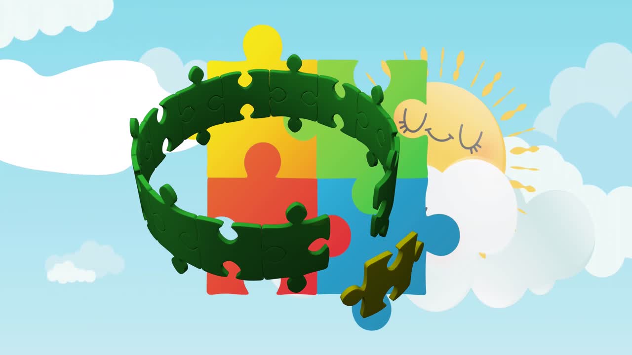 Animation of sun and clouds over colourful puzzles