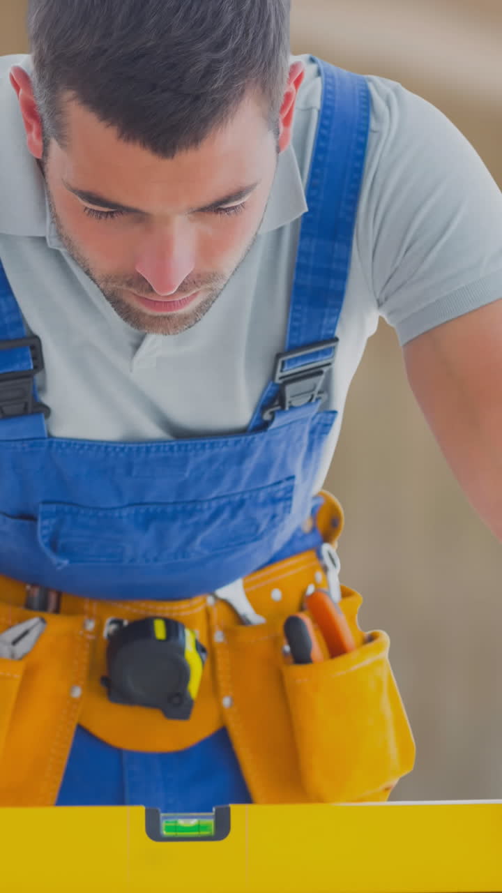 animación del texto del feliz día del trabajo sobre el trabajador caucásico manteniendo el nivel de espíritu