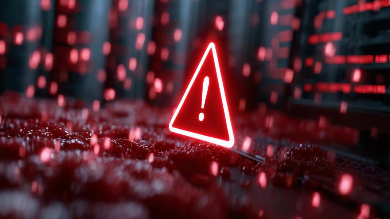 An ominous warning sign glows brightly in a dark, abstract digital environment filled with scattered red elements and underlying patterns, indicating potential danger or alertness.