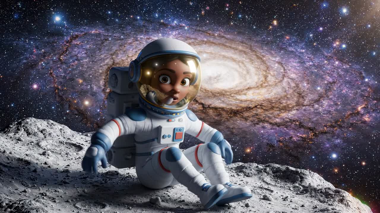 Animeret børneastronaut sidder på asteroide i rummet med galaksebaggrund