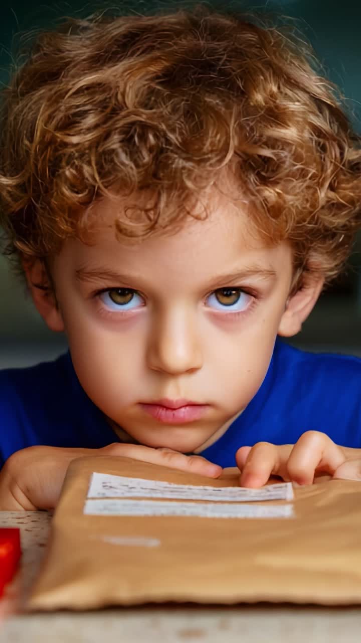 A Young Child with Curly Hair and Intense Gaze Contemplates a Package on a Table, Showcasing Emotions of Curiosity and Anticipation in a Close-Up Portrait