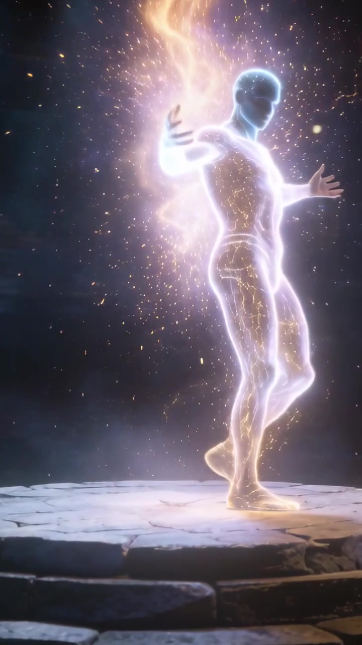 Video vertical: Venas doradas pulsantes impulsando a un humanoide luminoso que se abre en un estrado de piedra, emitiendo arcos.