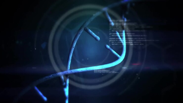 Animation of dna strand and digital data processing over black background
