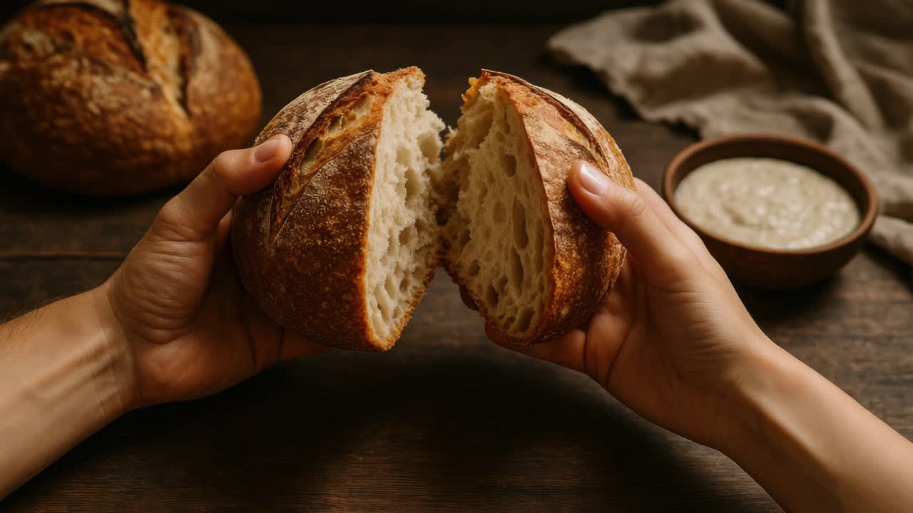 Close-up video shot of hands breaking fresh rustic bread on a wooden table, capturing the texture